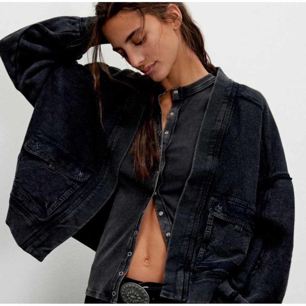 We The Free Lou Day Cardi Washed Black Sweatshirt Cardigan Size L NWT sold out